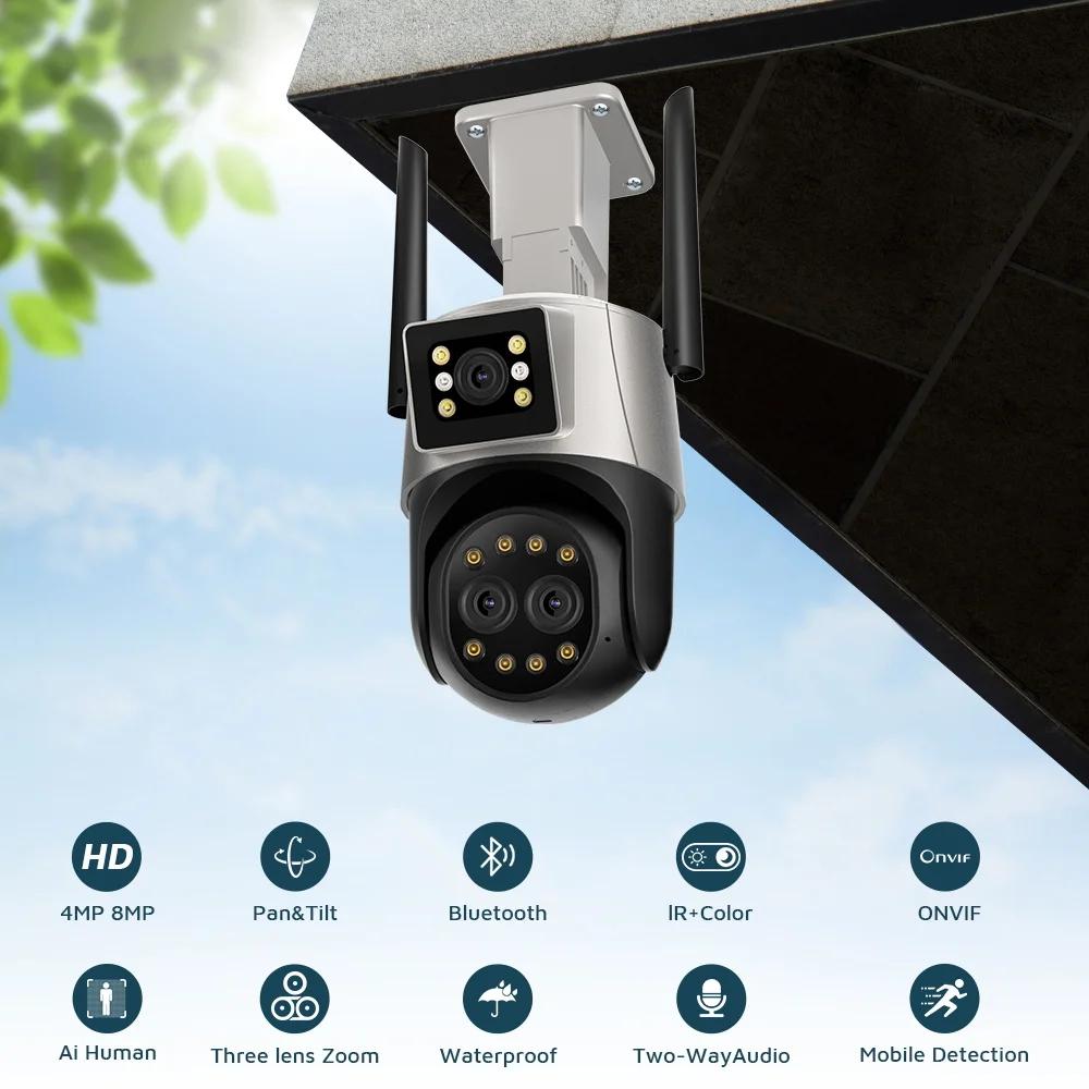 LS VISION 8MP 4K IP Camera Wifi Outdoor Camera Three Lens 8X Zoom Ai Human Detect Auto Tracking Wifi Survalance Camera Onvif Support iCSee