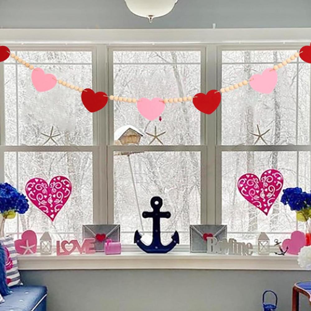 Valentines Day Decor Red Pink Felt Heart Wooden Bead Garland Decorative Romantic Hangings Ornaments
