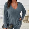 Autumn and Winter Solid Color Plus Size Women's Top V-Neck Long Sleeve Pit Sanding T-Shirt Loose Pullover