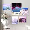 Greece Santorini Pink Ocean Wall Art Canvas Painting Sunset White Coastal Posters And Prints Wall Pictures For Living Room Decor