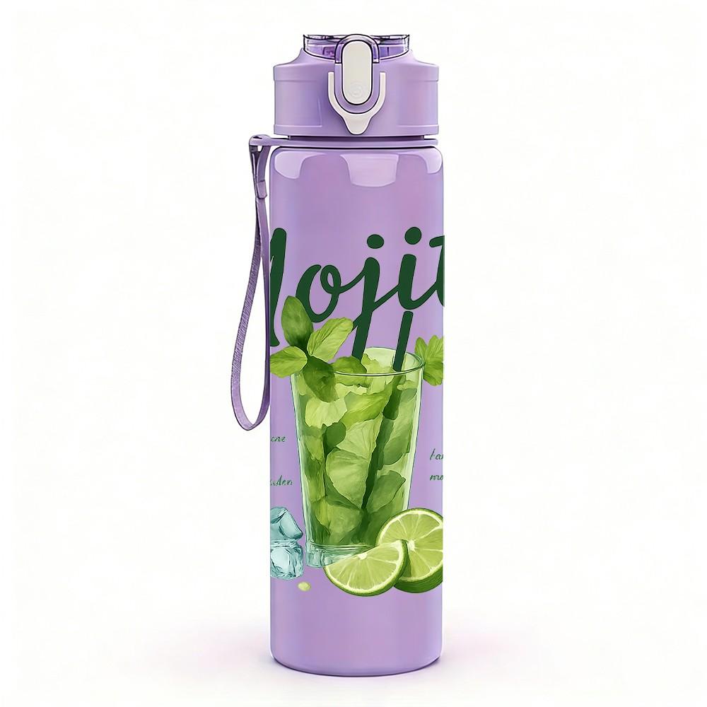1PC Mojito Cocktail Letter Art 750ml Color Plastic Sports Water Bottle Leakproof Flip Straw Lid Suitable for Sports Office Home Use
