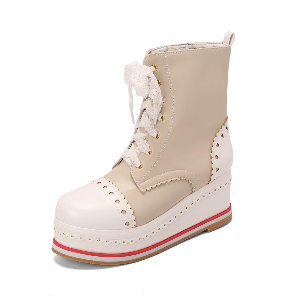 Lolita Style Sweet Girls Shoes Lace Up Platform Hidden Heels Wedges Princess Shoes Women Brock Ankle Boots Pink Plus Size 34-48