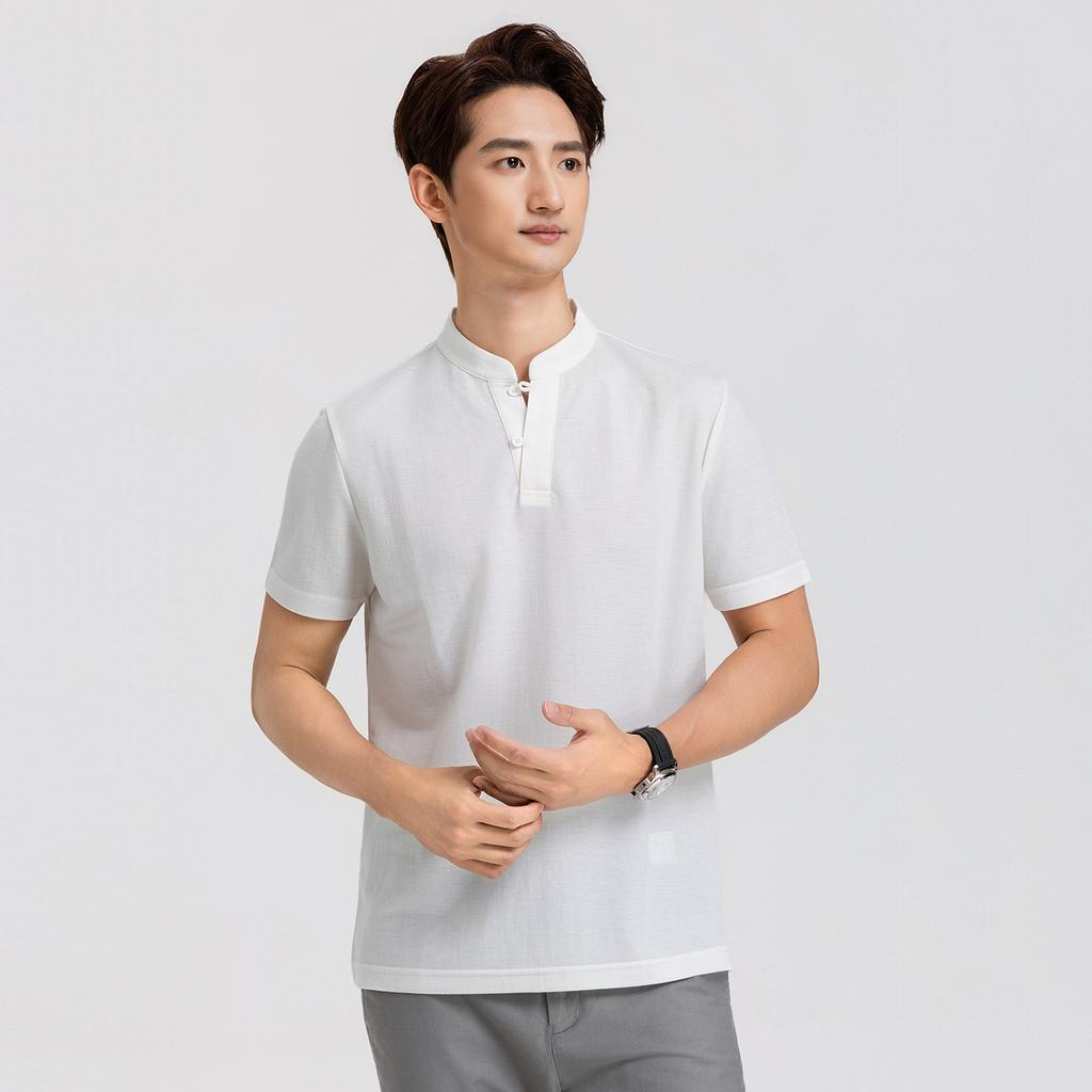 [National Style New Chinese Style] Langdeng Summer Ice Silk Imitation Hemp Refreshing Breathable Stand up Collar T-shirt