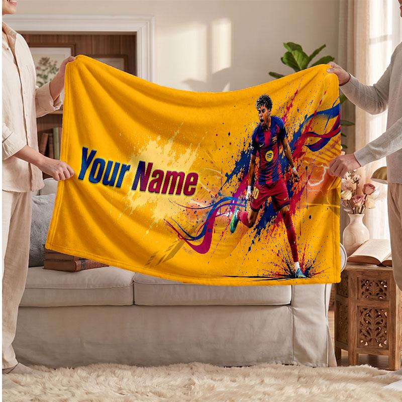 Lamine Yamal Personalized Fleece Blanket With Football Logo, Custom Name Text Soft Warm Home Throw Blanket
