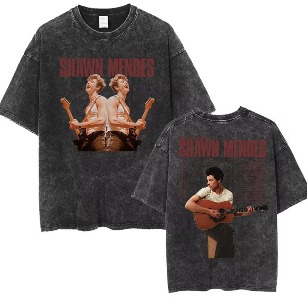 Rapper Shawn Mendes Tour  Album Vintage Washed Tee Shirt Mens Hip Hop Oversized Tshirt Fashion High Quality Cotton T Shirts