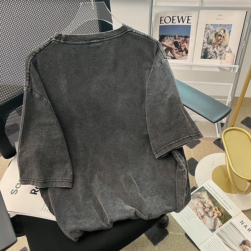 Vintage Casual Street Letter Print Plus Size Tops Trendy Cool Washed Cotton T-shirt Streetwear Summer Wash Tee Girl Y2k