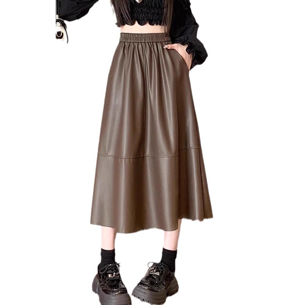 Women's PU Leather A-Line Midi Skirt: Autumn/Winter High Waist, Large Swing, Hip-Covering, Casual Temperament.