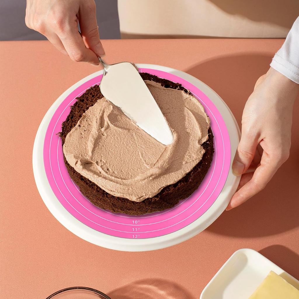 2 PCS 12 Inch Silicone Cake Mat, Pink Round Baking Mat with Measurements Reble Cake Turntable Mat Non-Stick Heat Resistant Pastry Mats for Rolling