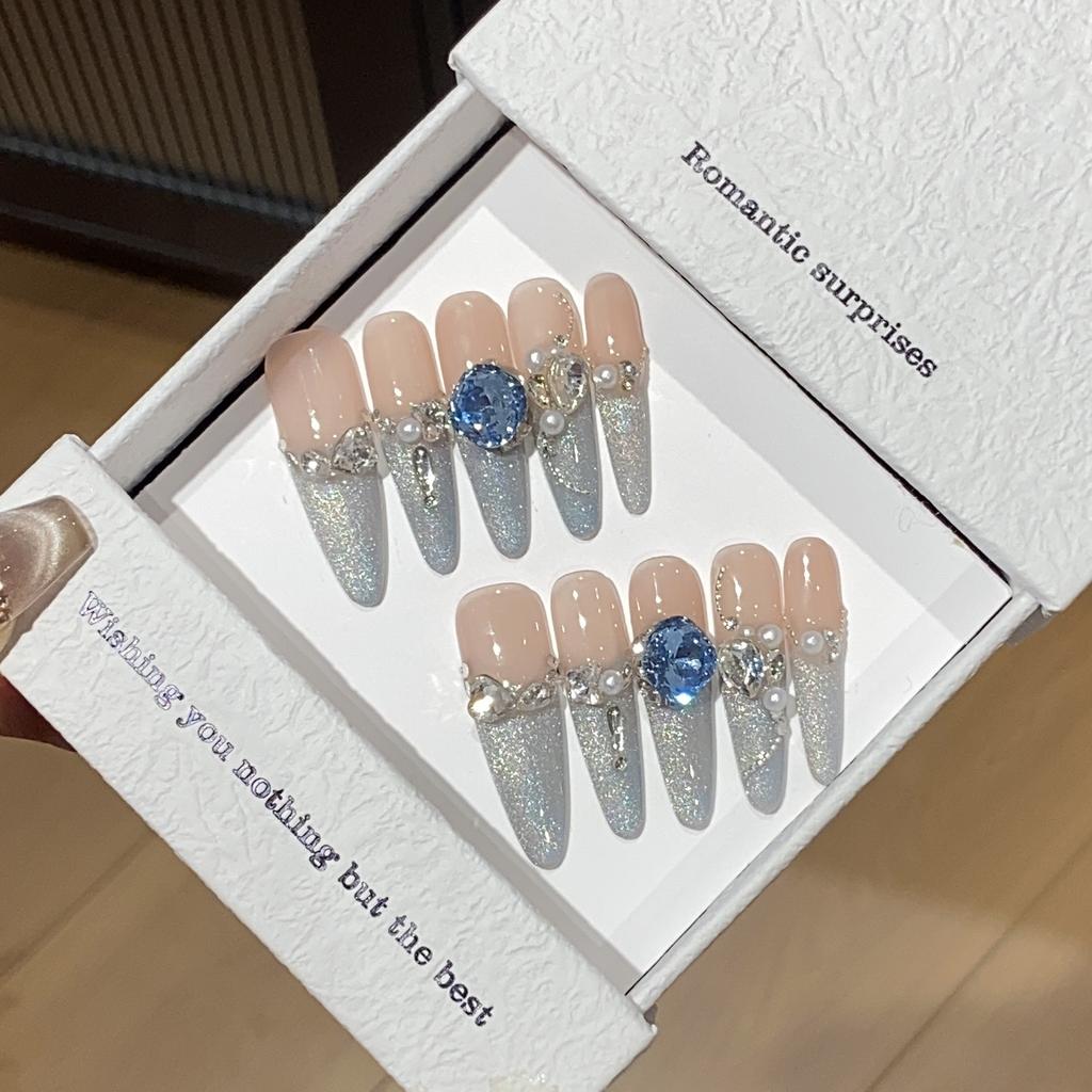 Pure Handmade Blue Gradient Thin Flash Cat Eye Swan Blue Diamond Sea Salt Escape Patch Wear