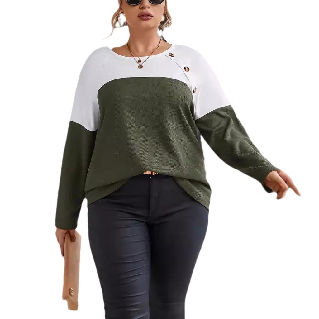 Весна Осень Плюс Размер Трикотажный Длинный Рукав Пуловер Цвет Блок Пуговица Деталь Трикотажный Топ