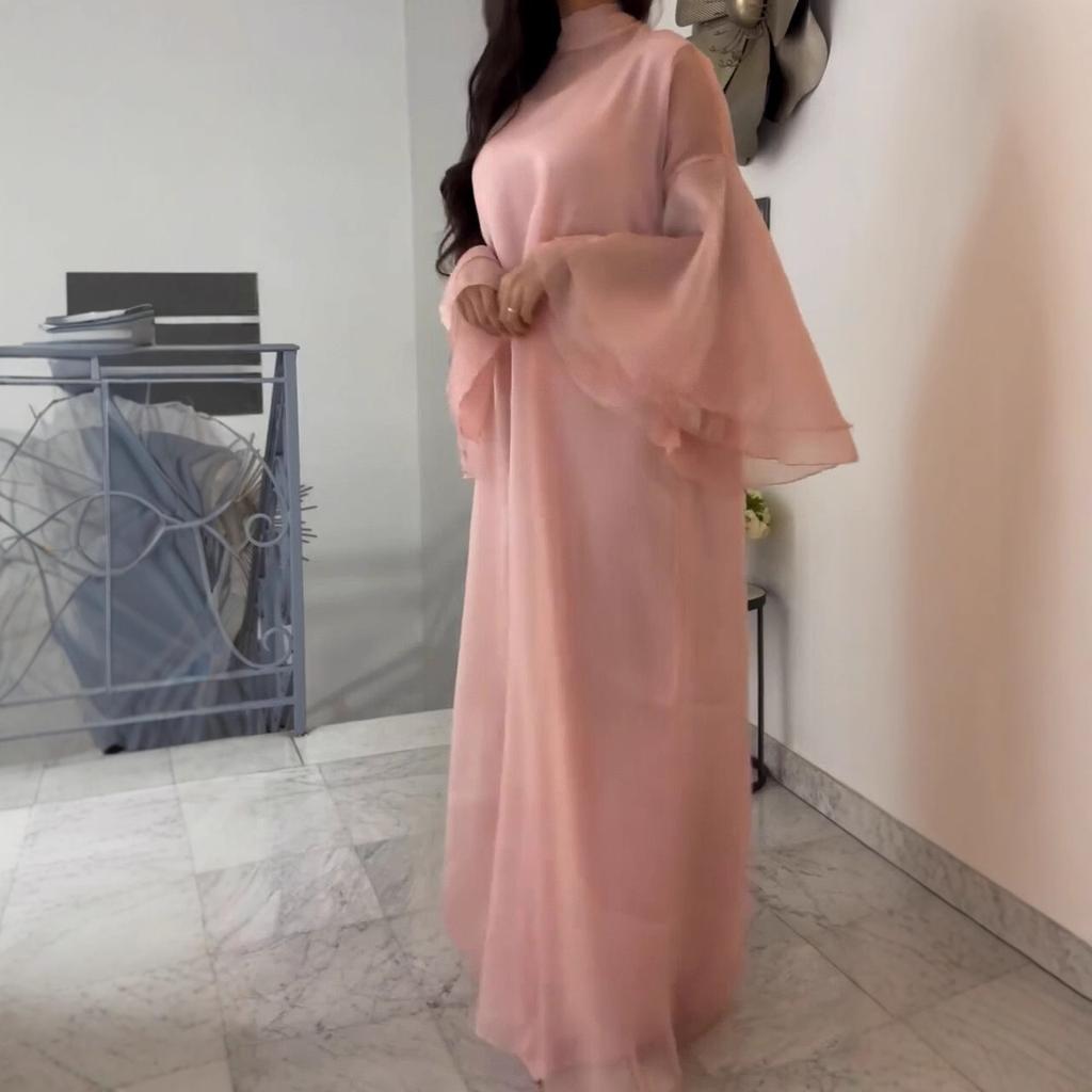 Новое платье-миди с воротником-стойкой и рукавами-колоколами для арабских женщин Ближнего Востока, свободный большой размер, длинная юбка