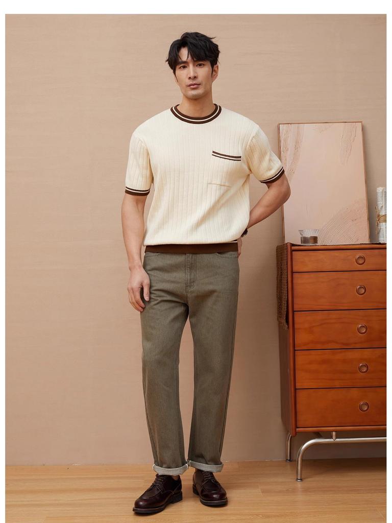 Мужская приталенная трикотажная футболка с коротким рукавом, цветными блоками и карманом - Летняя повседневная трендовая одежда