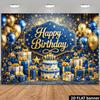 2D planar dark blue gold luxurious birthday party backdrop with the center featuring the golden "Happy Birthday" text.PMJ