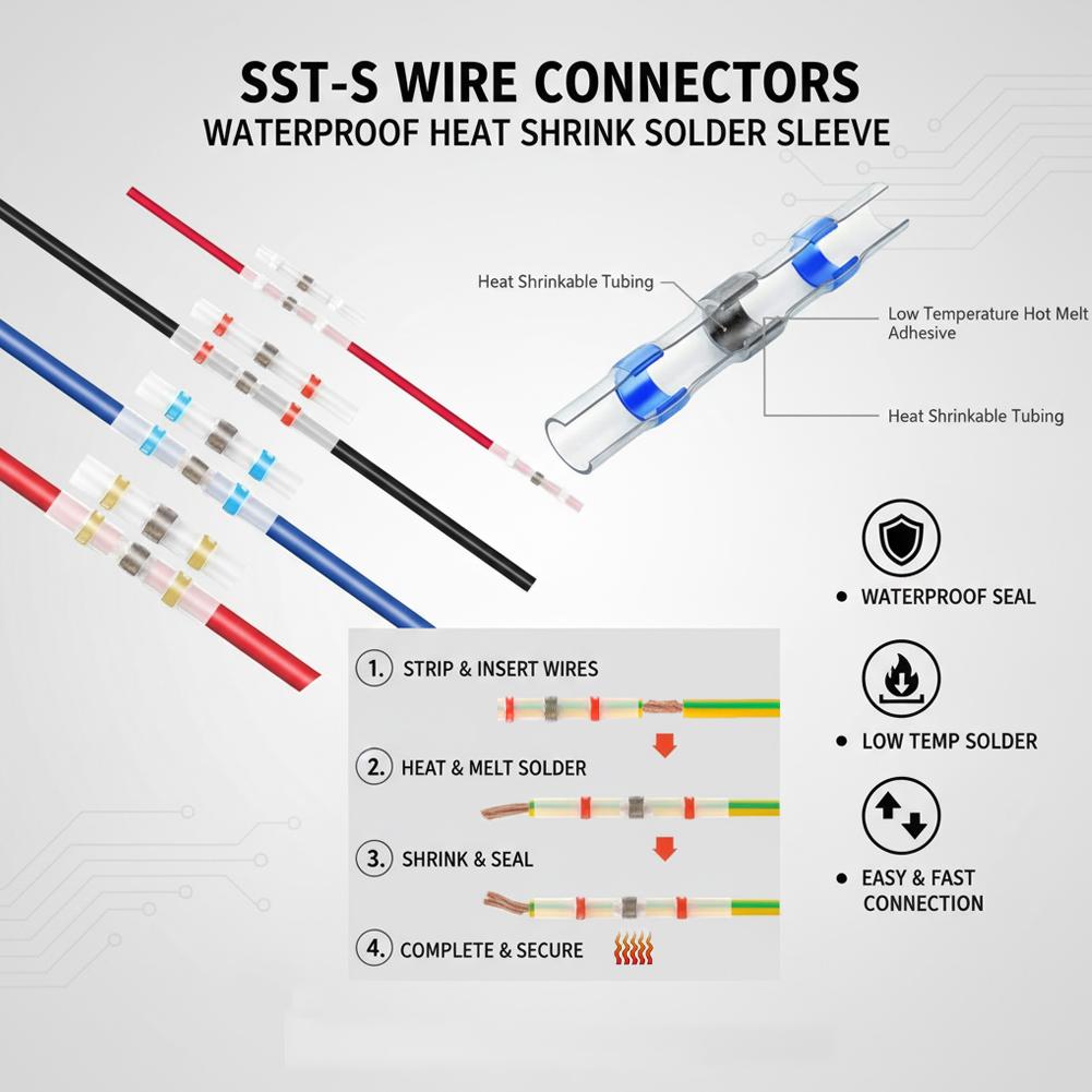 50/100pcs Waterproof Solder Seal Wire Connectors,Heat Shrink Butt Connectors Kit, Insulated Electrical Wire Splice Terminals