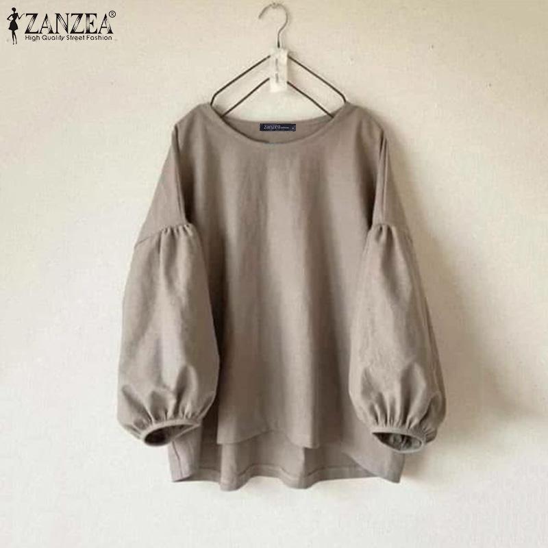 ZANZEA Женская повседневная однотонная свободная блузка с длинным рукавом и круглым вырезом