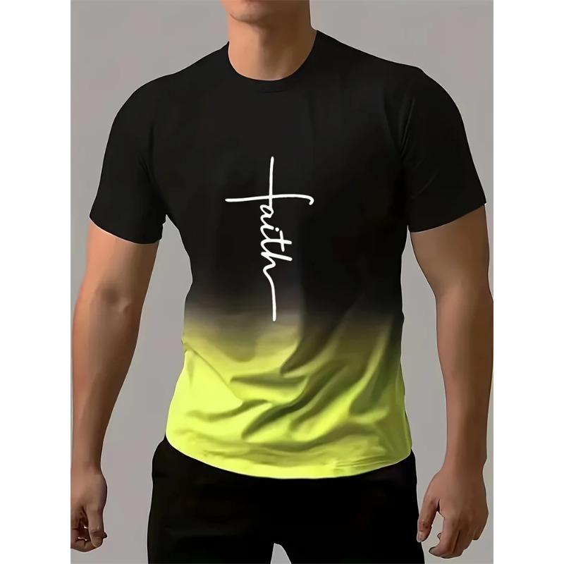 Men's Casual T Shirt Splicing Color Novelty Faith 3D Cross Symbol Printing Retro Summer Daily Top Shirt