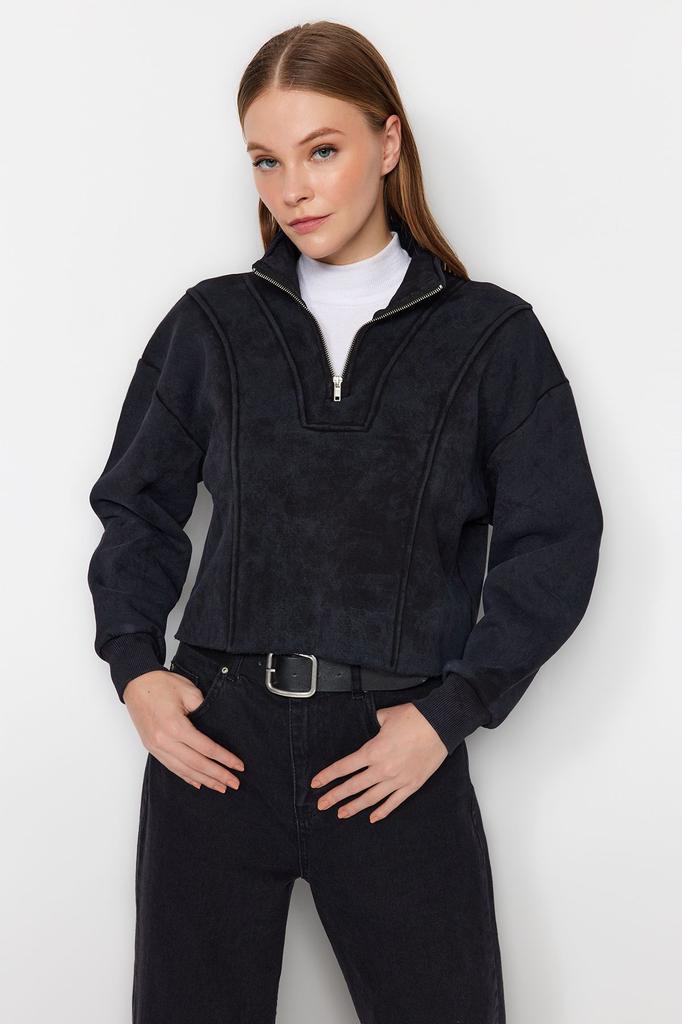 Женская модная стильная толстовка антрацитового цвета с эффектом античного выцветания, толстый флис внутри, удобный крой, укороченный вязаный свитшот