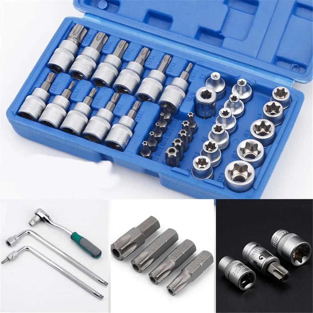Набор торцевых головок Torx и E-Torx (звездочка) 34 шт. Привод 1/4" 3/8" 1/2" Наружные Внутренние Защитные биты E-torx Ручной инструмент