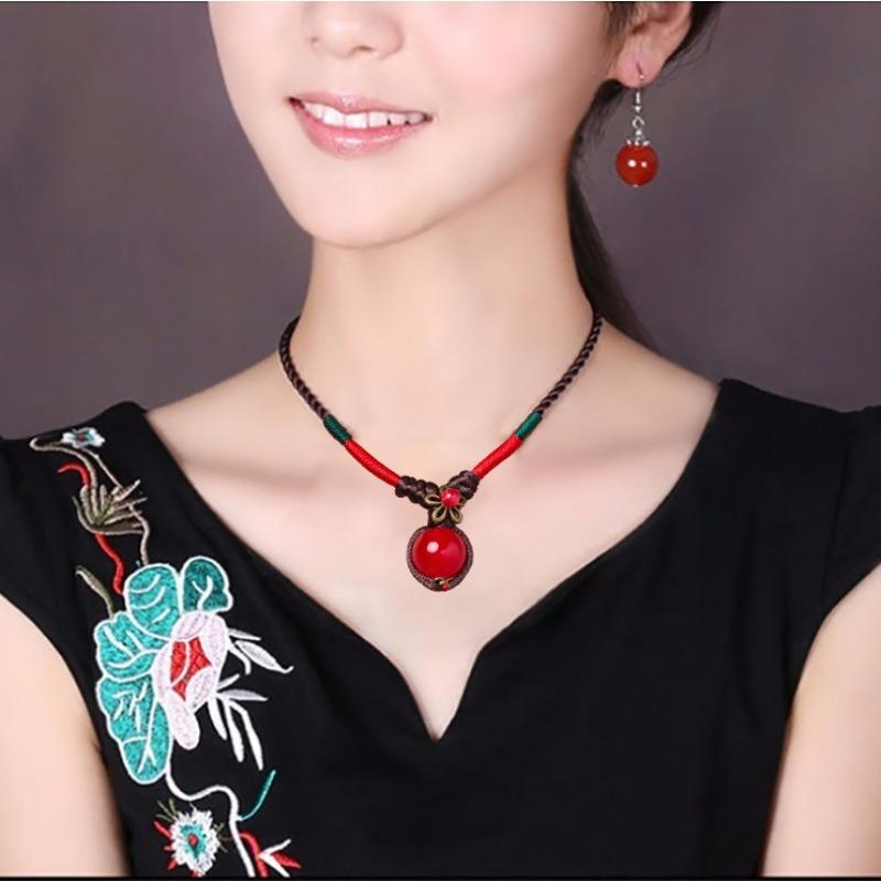 GEMCHIC Женское винтажное этническое ожерелье-чокер с подвеской из красной фасоли и стеклом, на плетёном шнурке, цепочка на ключицы, с комплектом matching сережек и браслета