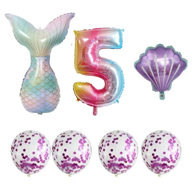 Набор из 7 предметов, набор воздушных шаров с градиентной фиолетовой русалкой, размер 0-9, 32-дюймовый градиентный цифровой воздушный шар с русалкой, воздушный шар для украшения праздника, дня рождения, свадьбы