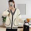 New Jacket Lazy Style Design Sense Casual Knitted Cardigan Autumn and Winter Temperament Striped Pocket Sweater Women