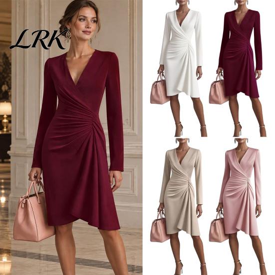 Bodycon Party Dress Solid Color Gown Dress, Slim Fit Hip-Hugging Pleated Long Sophisticated Outfit Sleeve V-Neck Midi for Cocktail Commuting