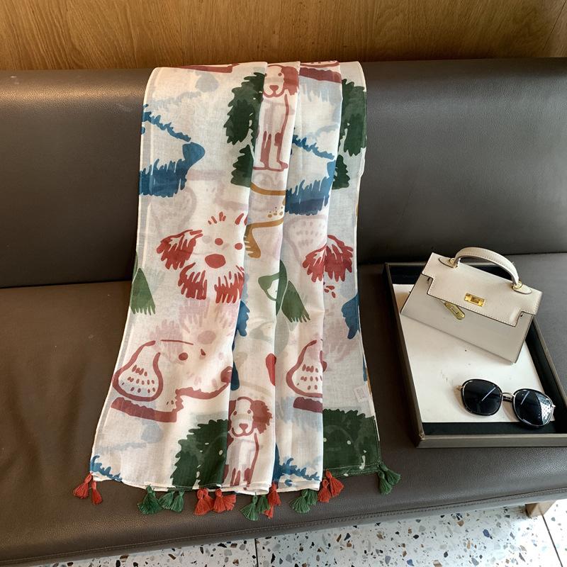 Niche Design Versatile Personality Show Off Sunscreen Warm Shawl Spring And Autumn Cute Cartoon Dog Cotton And Linen Scarf Women