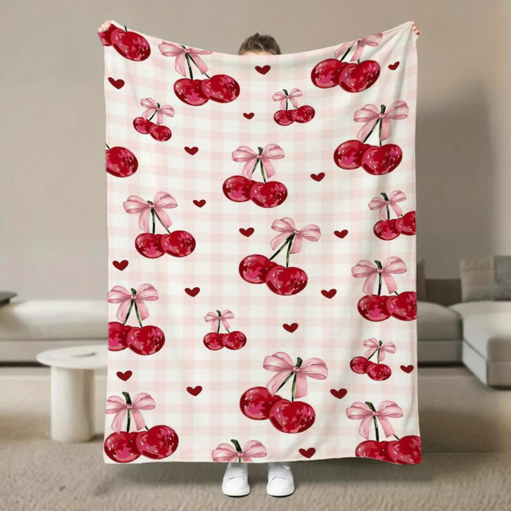 Pink Cozy Breakfast Picnic Blanket Strawberry Croissant Coffee Tea Print Soft Warm Sofa Couch Bed Decor Blanket