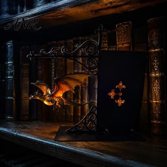 Коллекционный предмет Дракон Магическая летающая книжная полка-лампа, Теплый подвесной ночник, Фэнтези Настольное настенное украшение Уголок для чтения Декор, Уникальный подарок для