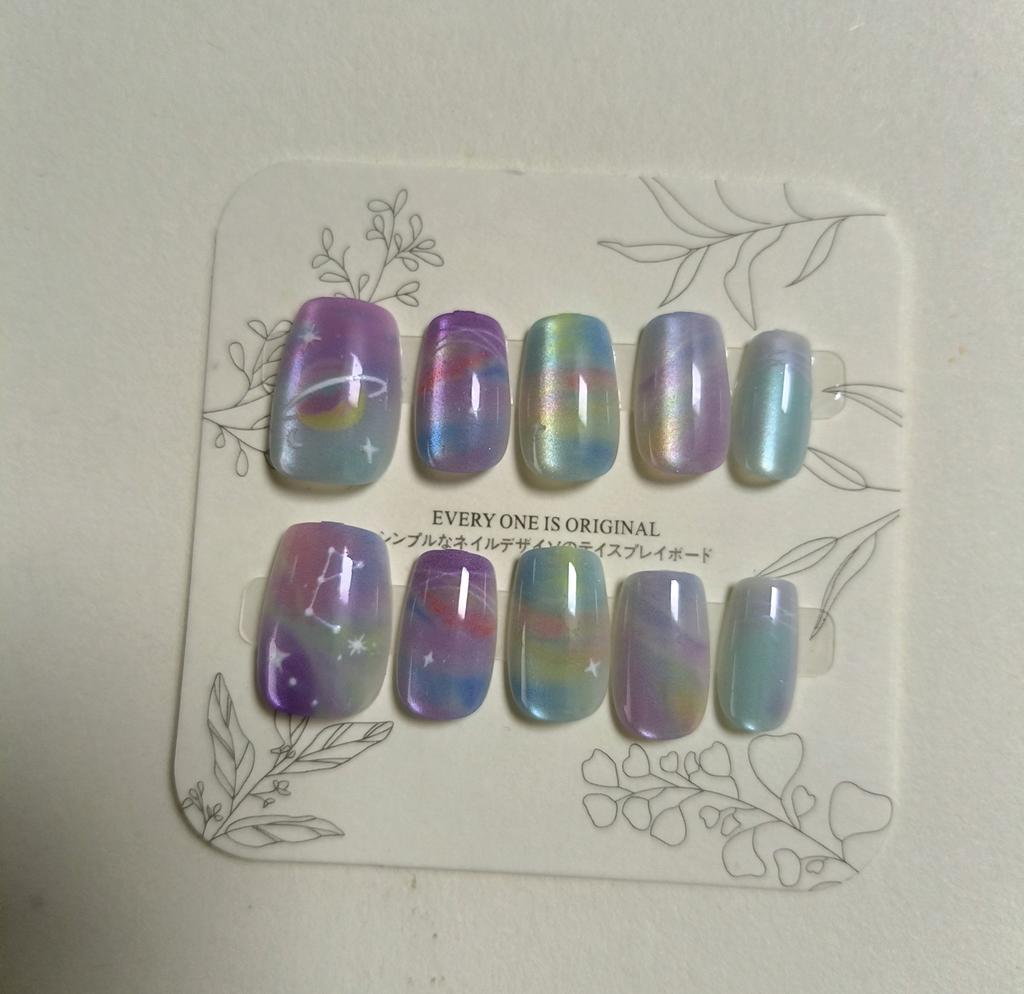 10Pcs Summer Handmade Short Press On Nails Dreamy Colorful Planet Universe Theme Cute False Nail Tips For Girls