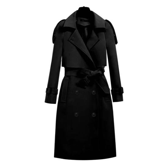 Женское пальто осень-зима с отложным воротником с поясом Элегантный однотонный двойной карман с длинными рукавами Толстая теплая офисная женская куртка средней длины Верхняя одежда