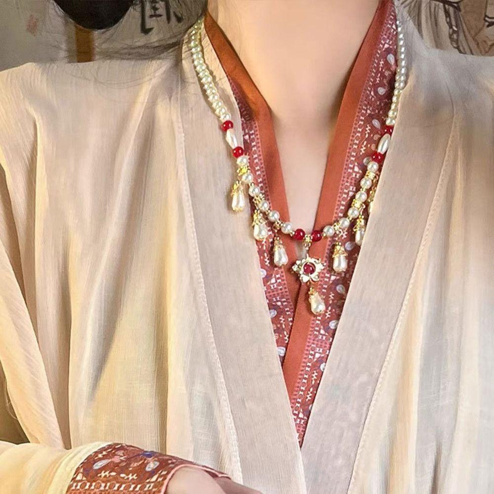 Pearls Chinese Style Necklace Vintage Cheongsam Necklace Vintage Hanfu Necklaces Clavicle Chain