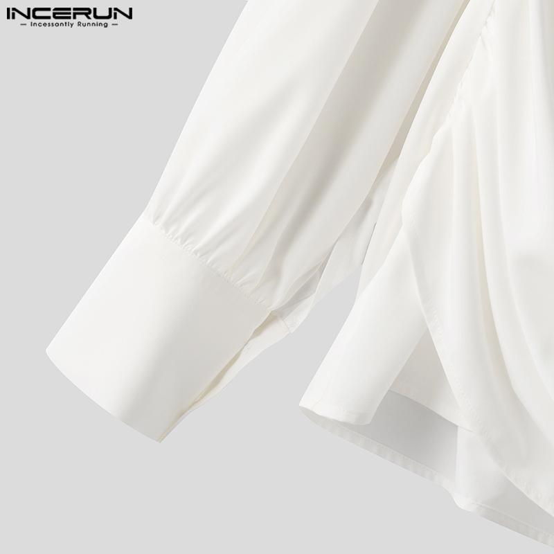 INCERUN Большие размеры Мужские рубашки с глубоким V-образным вырезом, длинными рукавами-фонариками, слегка прозрачными слоями, топы с перекрестными застежками спереди