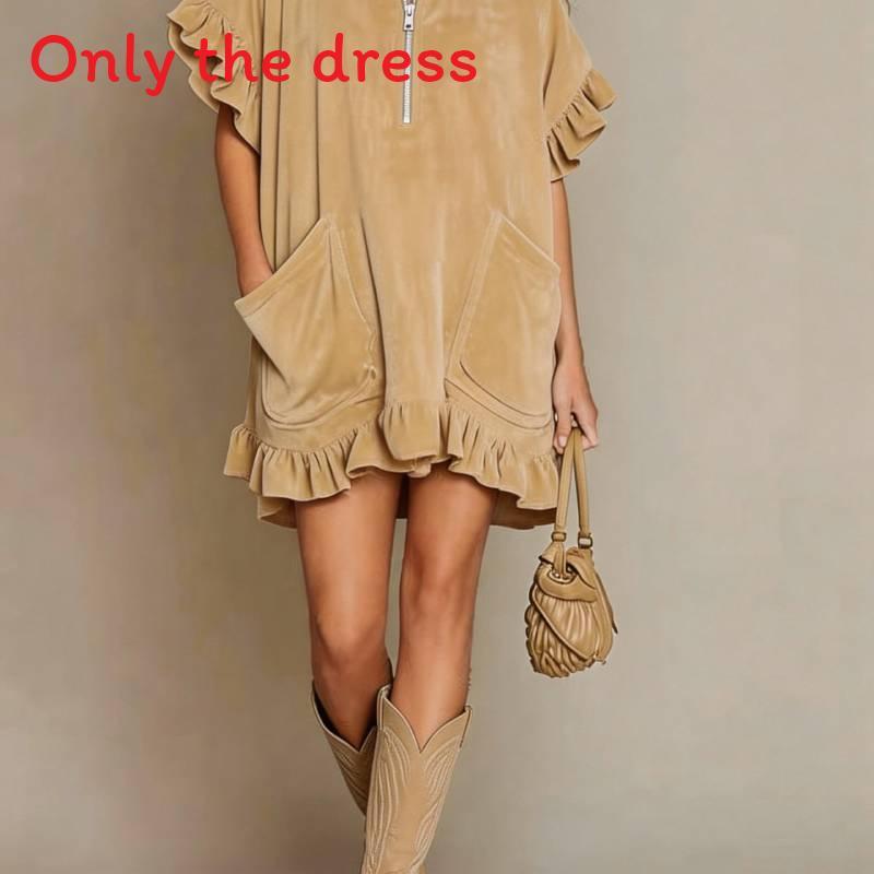 Streetwear A Line Dress With Zipper And Ruffle Sleeves For Casual Travel Or Party