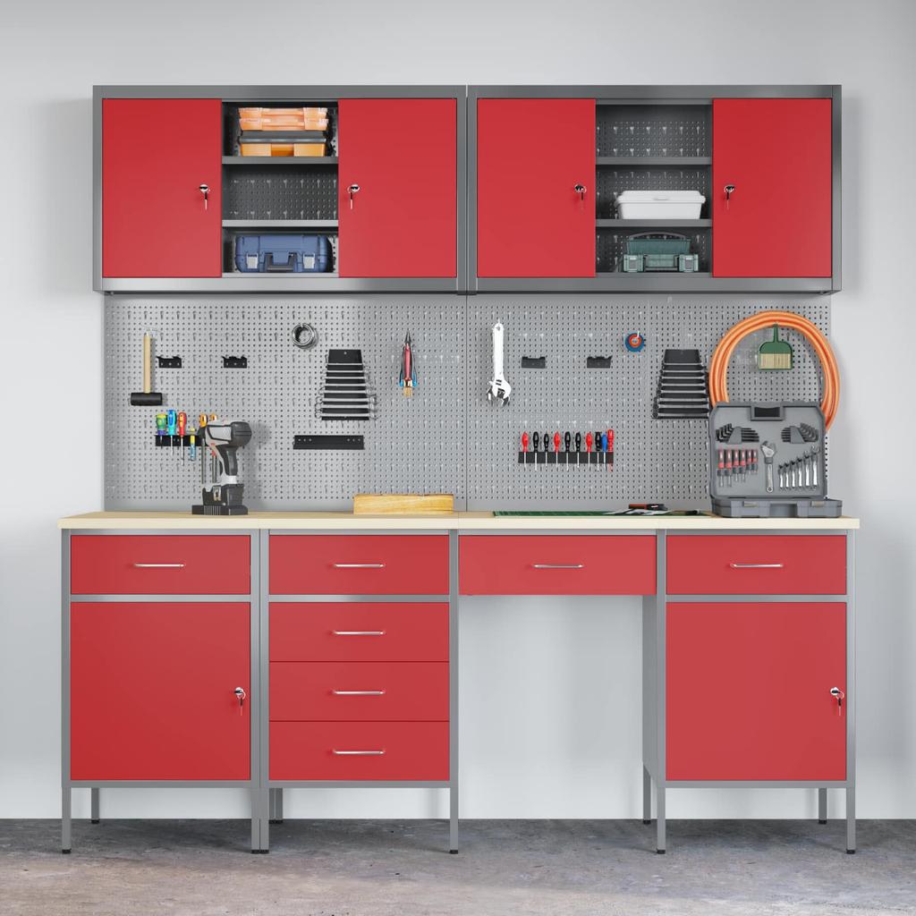 Workbench with Drawers 10 pcs Red Engineered Wood and Steel