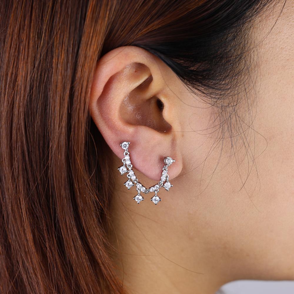One Side Two Piecing Stud Earring Tassel Chain Link Mini Clear Round CZ Zircons Women Office Stud Earring for Engagement Jewelry