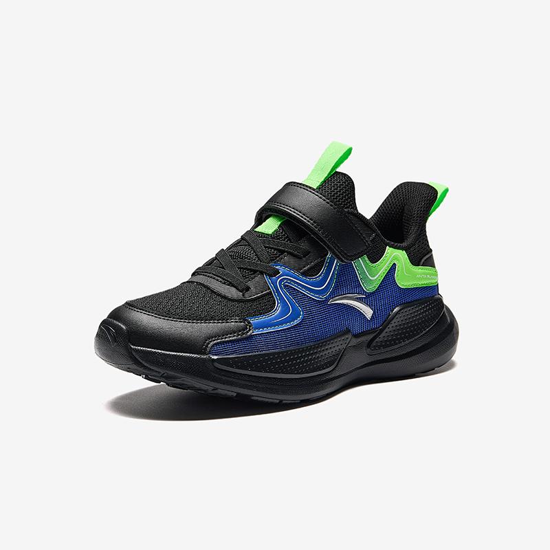 Anta Kids Synthetic Leather Mesh Comfortable Versatile Lightweight Shock Absorption Low-Top Running Shoes Men Sneaker Black Blue A12445555-2