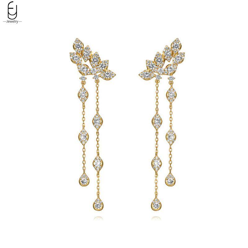 925 Silver Needle Luxury Long Chain Tassel Crystal Stud Earrings For Women Exquisite Pendant Gold Earrings Fine Jewelry