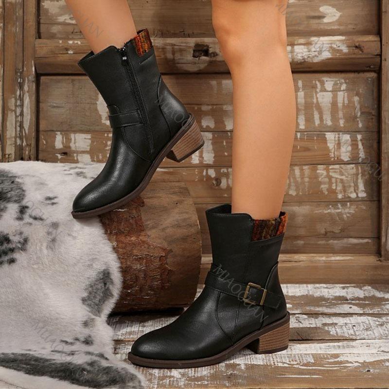 Модные замшевые ботинки до середины икры с ремешком с пряжкой для женщин Весна Осень Боковая молния Модная женская обувь Гладиатор Толстый средний каблук Ботильоны