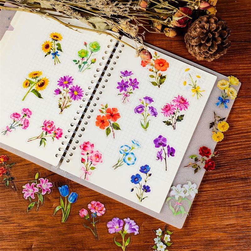 56PCS Kawaii Colored Flower PET Sticker Aesthetic Colored Sticky Decoration Scrapbooking DIY Stationery Supplies for Kids