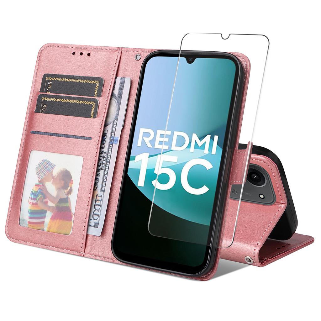 For Xiaomi 15C 4G (Global) (171mm)/Poco C85 4G PU Leather Wallet Case Phone Stand Cover with Tempered Glass