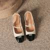 Mary Jane Single Shoes Women's Small Fragrant Style Black and White Apricot Splicing Medium Heel Thick Heel Shoes Women's Sandals One Word Belt Shoes