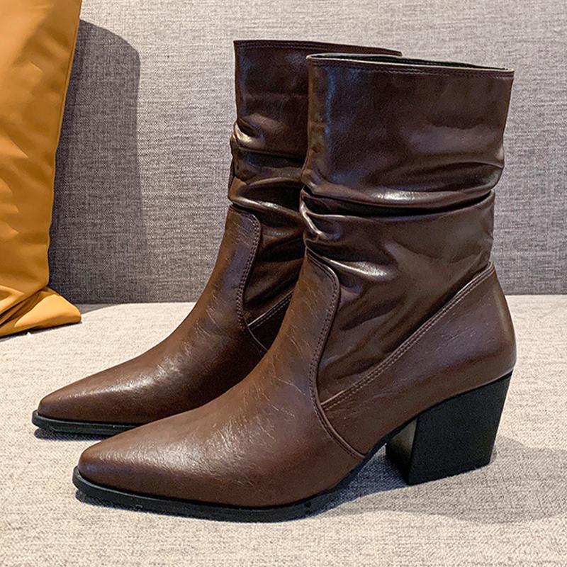 Ботильоны со складками, острый нос, толстый каблук средней высоты, зимняя женская обувь 2025 года, трендовые дизайнерские классические готические туфли-лодочки Chelsea Botas Mujer