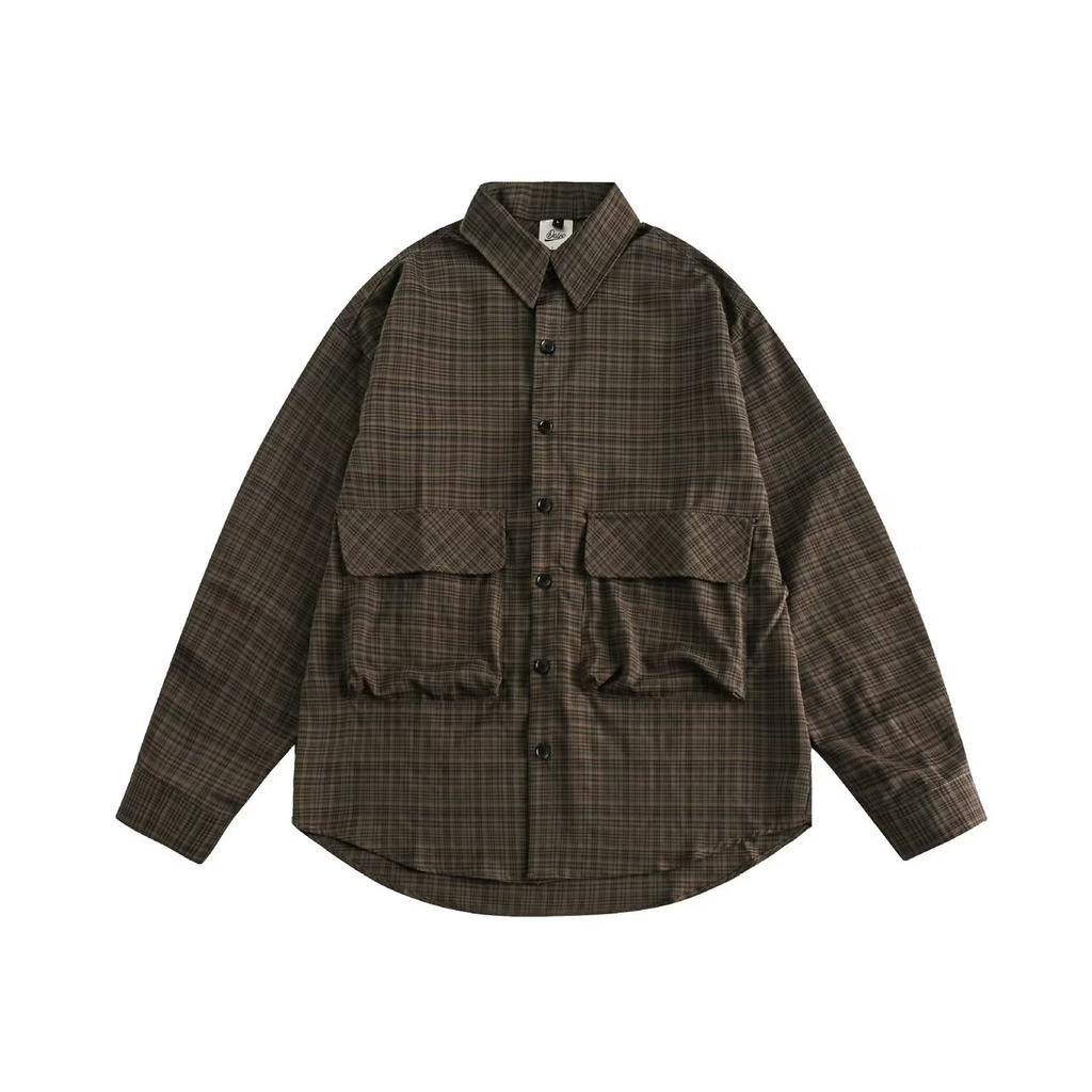 Осень 2024 года. Рубашка с карманами в клетку и декоративными лацканами. Мужская рубашка с длинным рукавом в японском стиле в стиле ретро с вышивкой.