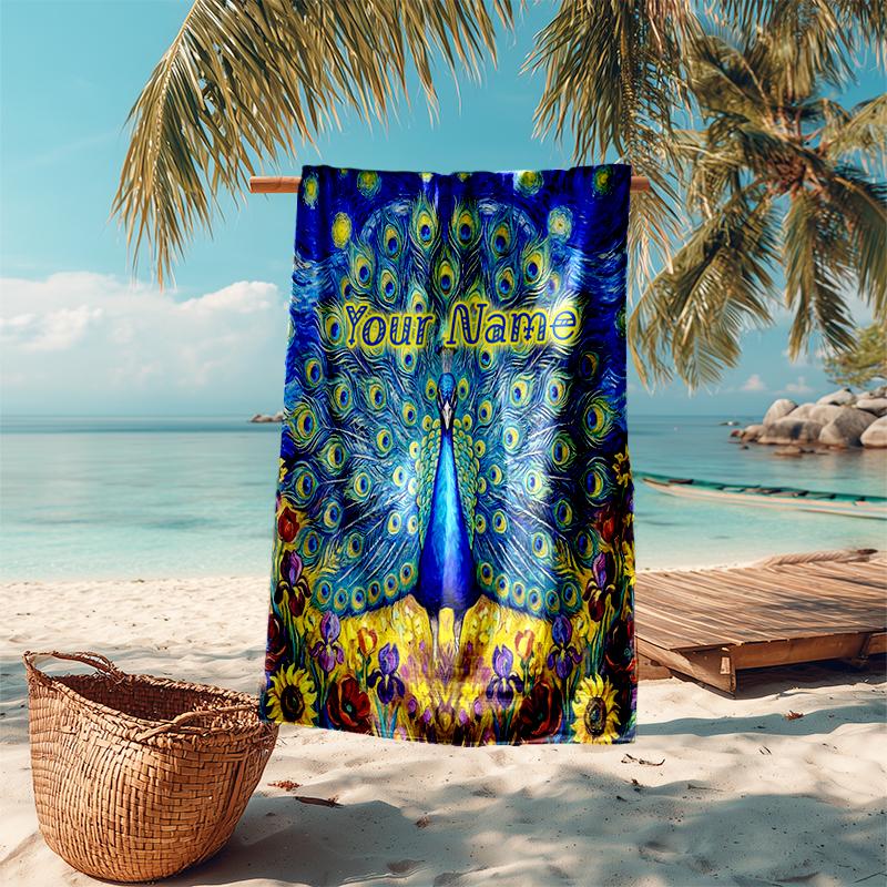 1PC Custom Name Peacock Sunflower Field Beach Towel Highly Absorbent And Sand-Resistant Towel for Swimming, Pool, Yoga, And Travel Lightweight