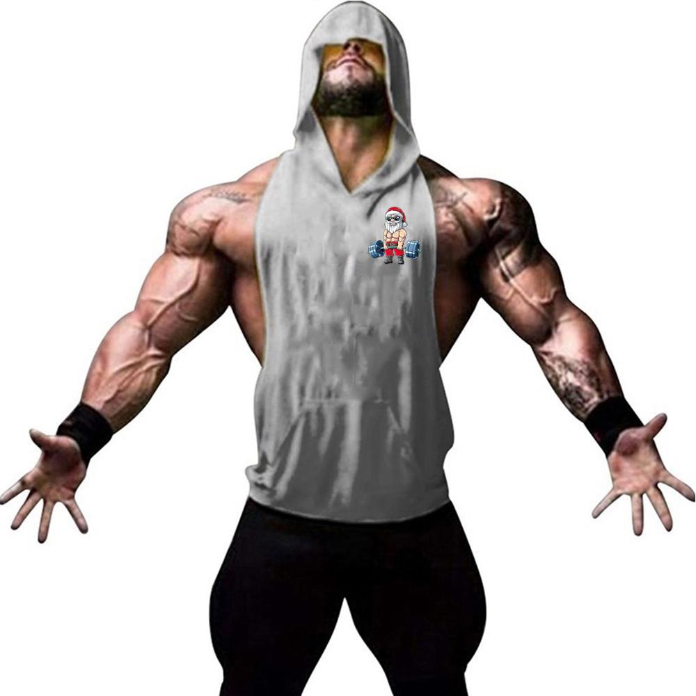 Men's fashion trend personalized gym fitness and leisure sleeveless Santa Claus print pattern hooded vest sports running vest