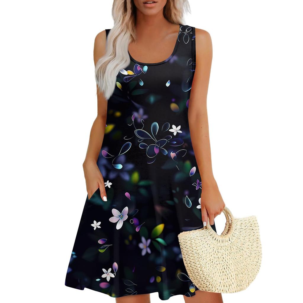Women's Summer Casual U-neck Floral Print Dress Sleeveless Dress With Pockets