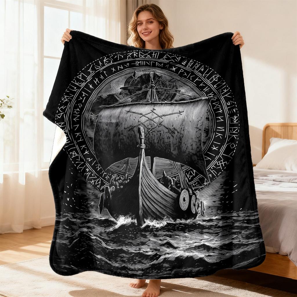 Viking Longship with Runes Black White Engraved Soft Flannel Blanket Dark Norse Style Nautical Decor Throw for Couch Cozy Fleece F