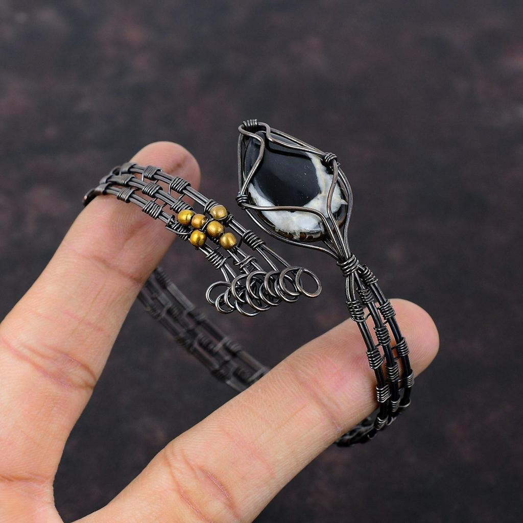 Марокканская грязь трещины окаменелость манжета браслет медная проволока обмотка регулируемый браслет ручной работы медная проволока обмотка ювелирные изделия драгоценный камень браслет для подарка