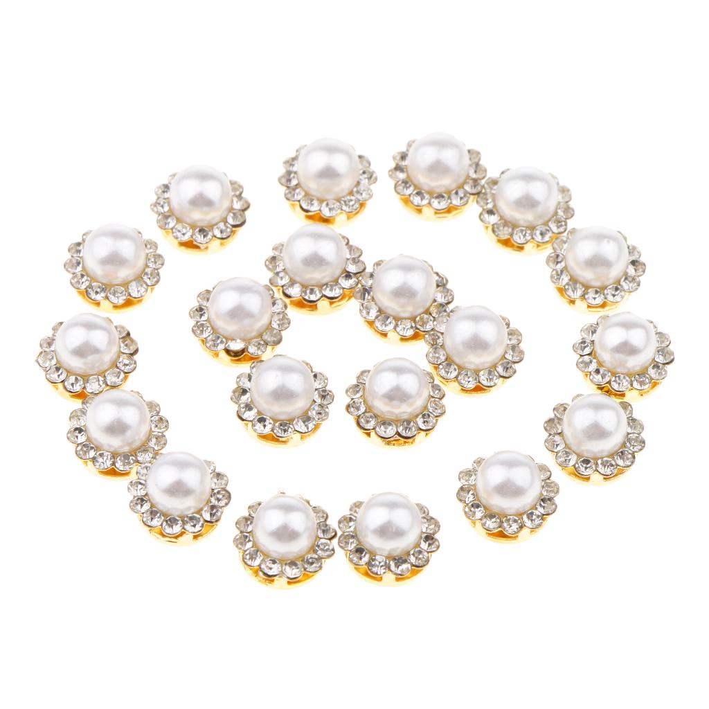 20 Pieces Faux Pearl Buttons Rhinestone Embellishments Flatback for DIY 12mm
